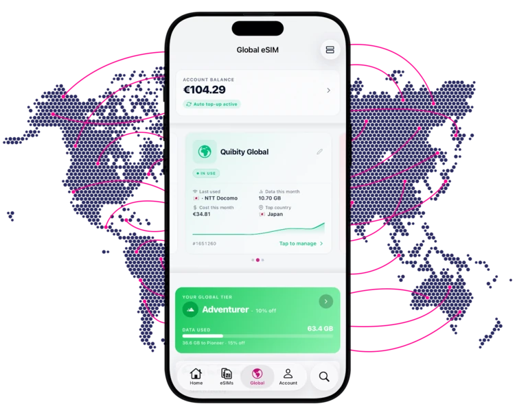 Mobile device showing our Global plan in the Quibity app