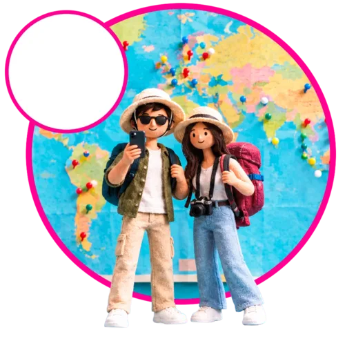 Two travellers in front of a world map