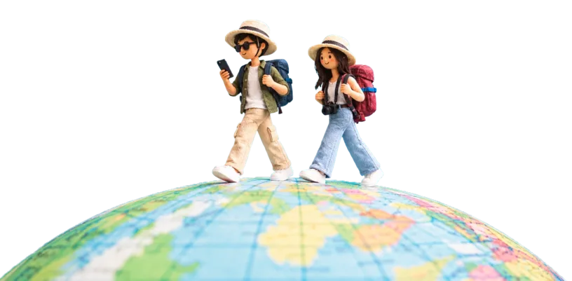 Two travellers walking on a globe