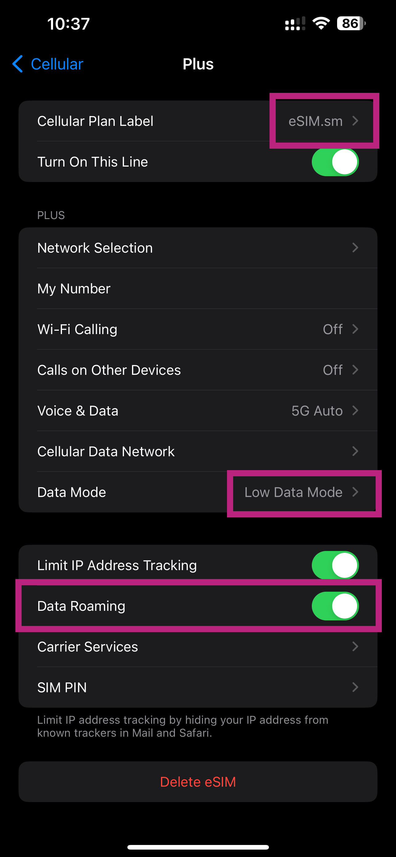 Enable roaming on eSIM